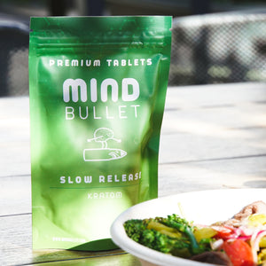 Mind Bullet® - Tablets - Slow Release Pouch - Lifestyle Image On Table With Food